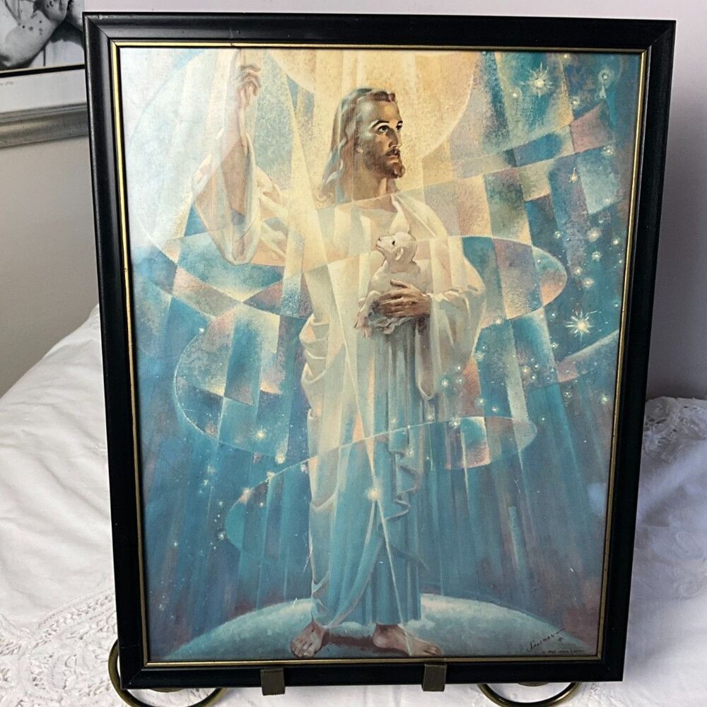 Vintage Mid Century Jesus Good Shepherd Framed Religious Print Modernist MCM